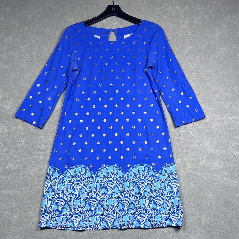 Lilly Pulitzer Bay Dress Womens Small Blue Grotto Squeeze The Juice 3/4 Sleeve